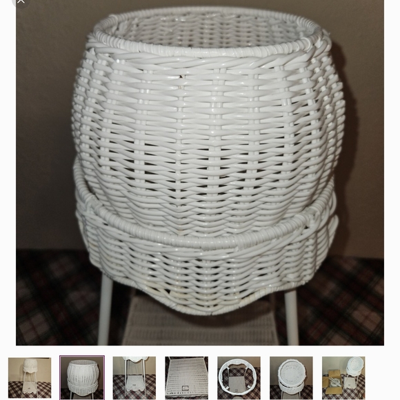 White Wicker Plant Stand with Shelf - Picture 2 of 7